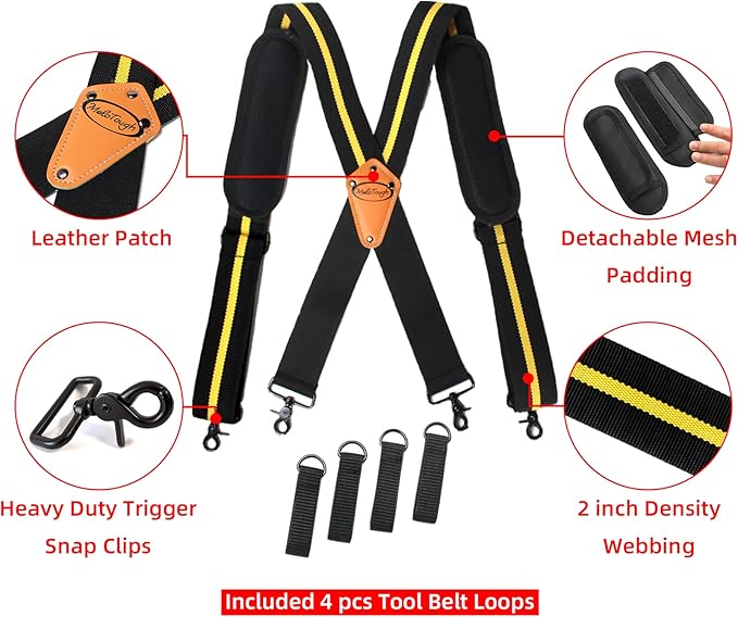 MELOTOUGH Tool Belt Suspenders Tool Harness for Heavy Duty Work Movable shoulder Pads, Quick lobster clasp (Yellow Strip)