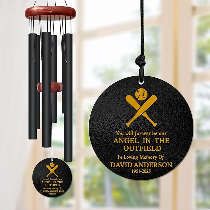 Personalized Baseball Memorial Wind Chime – Wind Chimes Custom Name & Years – Sports Tribute Sympathy Gift for Loss of Loved One – Outdoor Remembrance Windchime for Baseball Fans