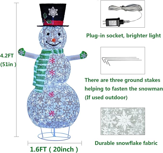 Lighted Snowman Outdoor Christmas Decorations, 4.1FT(51-inch) Large Collapsible Outdoor Snowman with Green Scarf and Vest, Pop Up Snowman for Indoor/Outside Yard Xmas Lawn Decor