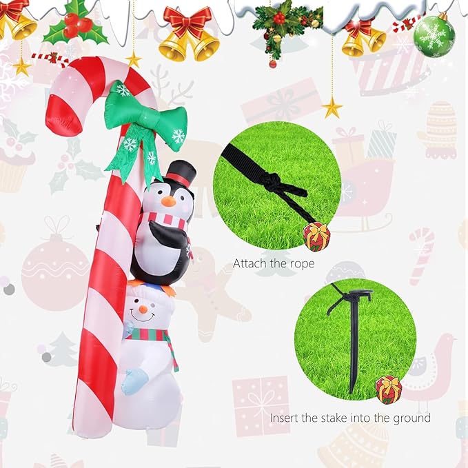 MUMTOP 8.6 Ft Tall Christmas Inflatables Outdoor Decorations, Inflatables Candy Cane with Snowman Penguin Christmas Blow up Yard Decorations Built-in LED Lights for Outdoor Party Holiday Decor