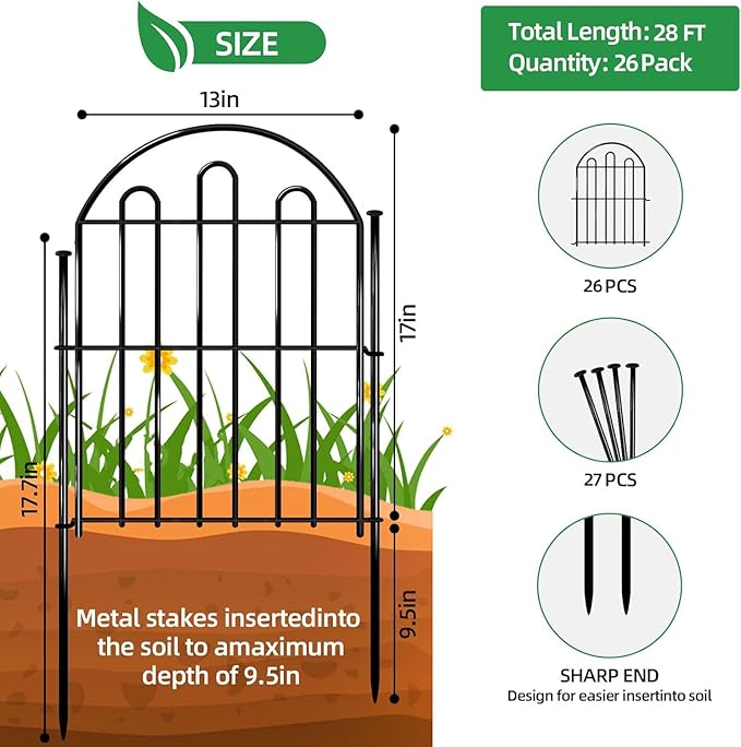 26 Pack Decorative Garden Fence, 17in x 28ft Arched No Dig Animal Barrier Fence for Dog Rabbit, Garden Edging Border, Rustproof Metal Ground Stake Border for Outdoor Yard Patio Decor