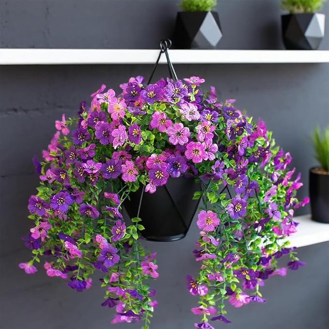 Artificial Hanging Plants Flowers Fake Outdoor Plants Artificial for Porch Hanging Faux Flowers Outdoor Home Porch Decor (2Pcs, Double Purple)