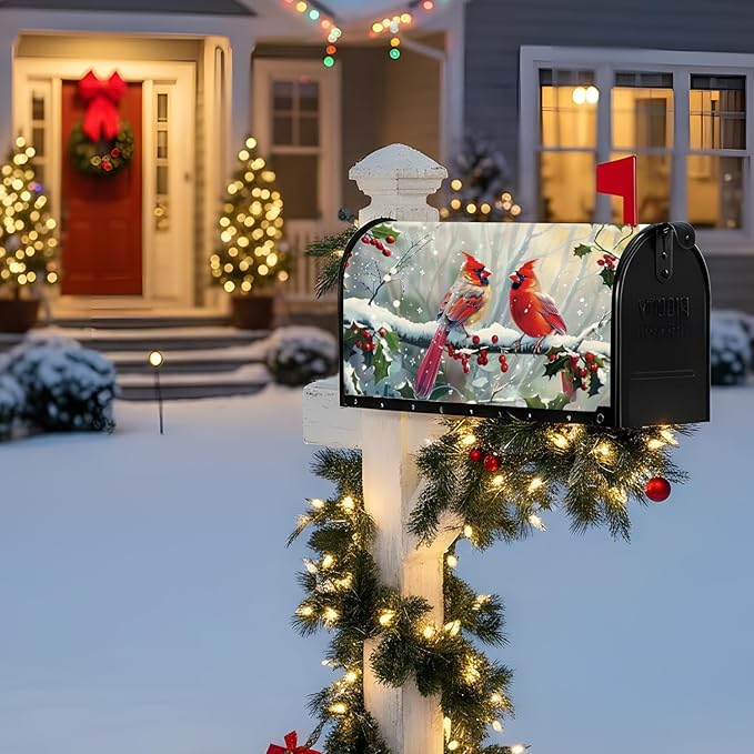 Cardinal Red Birds Mailbox Covers Magnetic, Winter Snow Mailbox Covers Standard Size 18"X21", Christmas Post Letter Box Cover Yard Outdoor Garden Decor