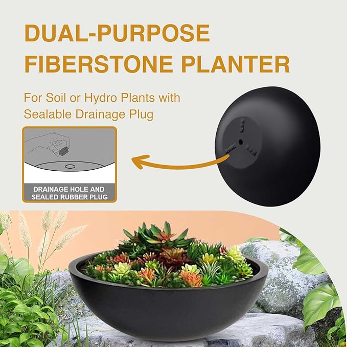 7.7"H x 22"D Round Bowl Fiberstone Planter for Succulent and Lotus - Christmas Tree Planter, Weather Resistant for Indoor & Outdoor Use, Included 2 Extra Coco Mats (Black, 19.9" Pot Opening)