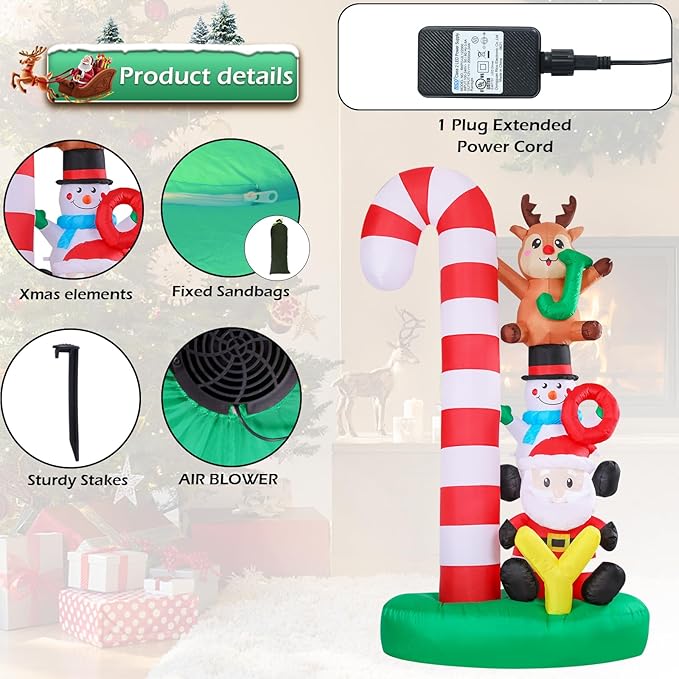 Christmas Inflatables Christmas Blow Up Yard Decorations Christmas Inflatable Candy Cane Santa Clause Snowman Reindeer Holding Joy LED Lighted Up Yard Lawn Garden Home Party Decor