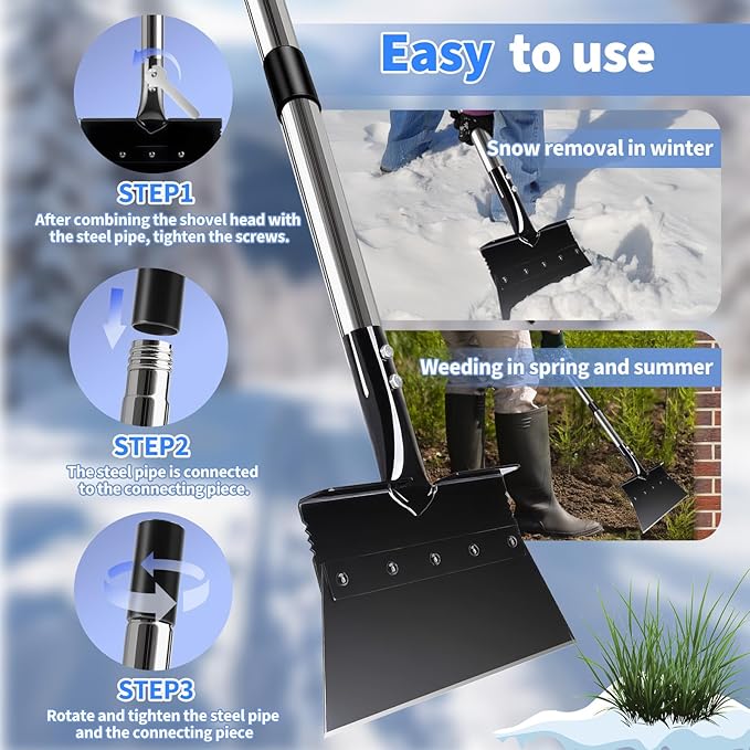 Garden Flat Shovel, Heavy Duty Multifunctional Cleaning Shovels with 53” Adjustable Long Handle, Floor Scraper Tool for Ice Snow Removal,Weeding,Driveway Lawn Edging,Sidewalk,Garden, Outdoor,Scraping