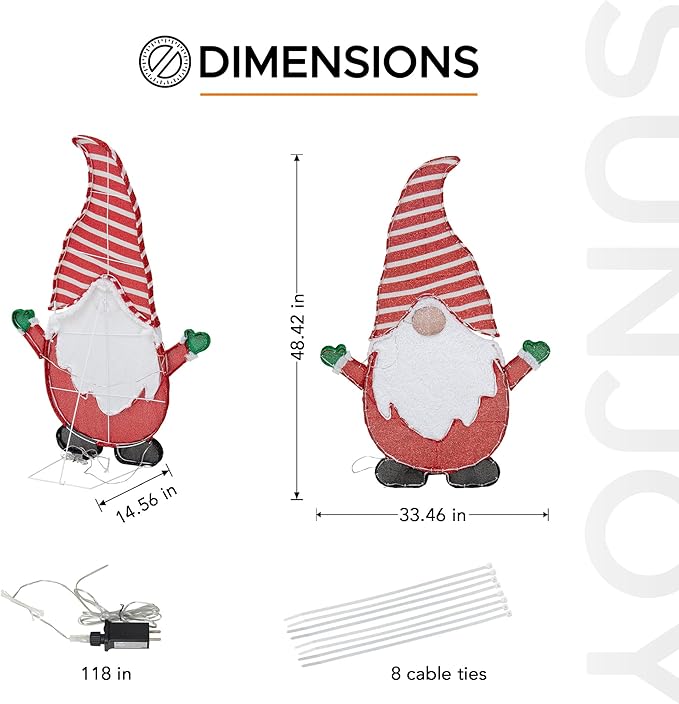 SUNJOY Large 4 FT Christmas Lighted Gnome, Eye-Catching 2D Tinsel Santa Gnome Outdoor Garden Yard Lawn Big Festive Holiday Decoration with Lights for Indoor & Outdoor