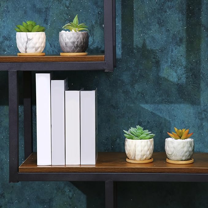 Marbling Ceramic Flower Pot 3.35 Inch Succulent Small Plant Cactus Herbs Planter Ceramic Pot with Drainage Hole Matte Round Container(4 Pcs,Modern Style)