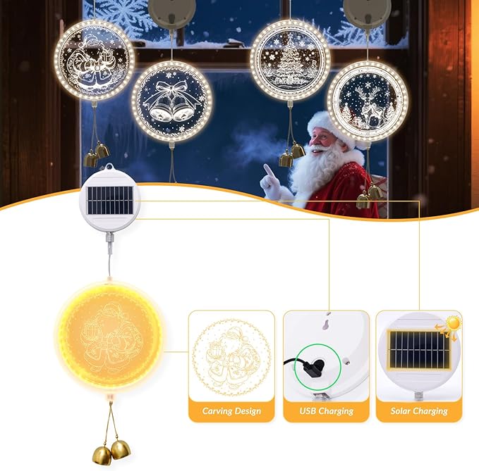 Solar Hanging Lights - Outdoor Indoor Christmas Decorations for Window, Garden, Patio, Porch,Holiday Home Decor, (Jolly Santa)