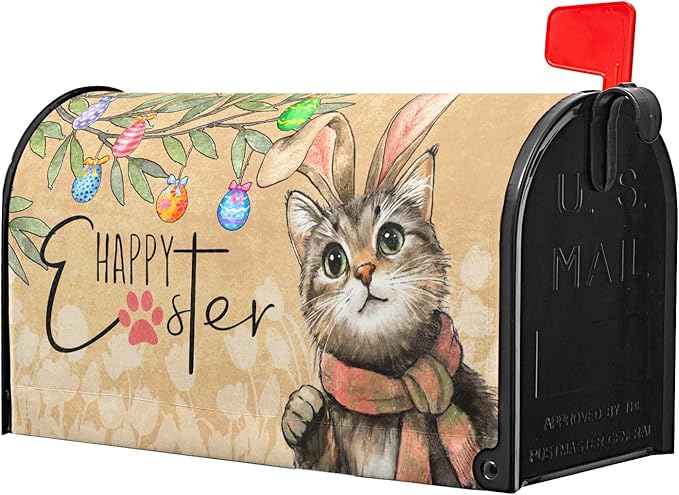 Easter Cat Magnetic Mailbox Cover 25.5x21 Inch Cute Kitten with Bunny Ear Egg Hunt Mailbox Wrap Post Cover Large Size for Garden Yard Outdoor Outside Patio Holiday Waterproof Decor