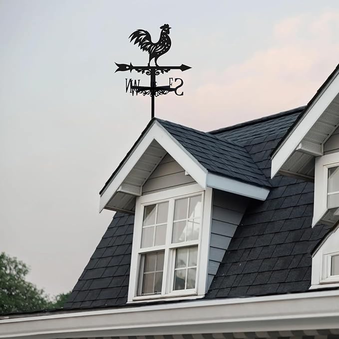 3D Rooster Weathervane Metal Wind Vane Weathercock Garden Decoration Wind Direction Indicator Stake Roof Mount Ornament for Farmhouse Yard Outdoor