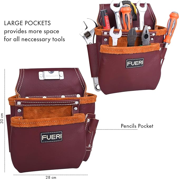 FUERI Leather Tool Belt 17 Pocket Pouches Bags Men Suspenders Holder Organizer for Carpenter Construction Electrician - Maroon