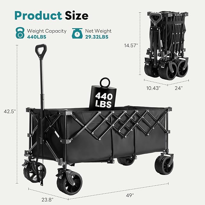 NEWBULIG Collapsible Wagon Cart - 440lbs Foldable Extra Long Heavy Duty Utility Wagon with Wheels, Portable Storage Grocery Cart for Camping, Shopping, Sports, Beach, Garden