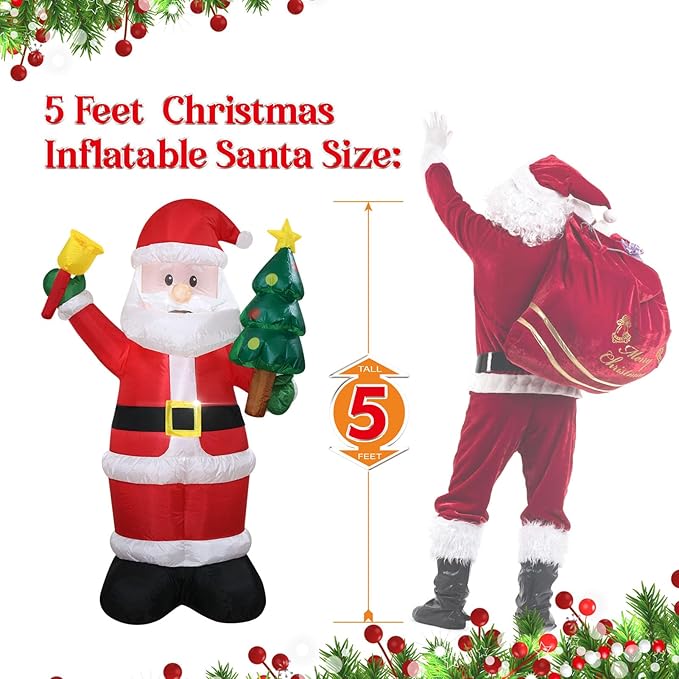 Christmas Inflatables Santa Holds Tree Bell Lighted Yard Lawn Inflatable Decoration with Built-in Fan and Stakes Ropes Holiday Party Decor, Christmas Decor (5FT-Santa Hold Tree & Bell)