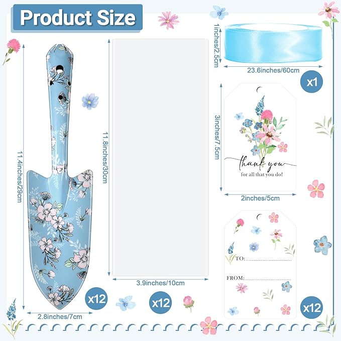 Capoda 12 Sets Floral Garden Shovels Bulk Gardening Gift for Women Thanksgiving Garden Tools Floral Hand Heavy Duty Trowels Thank You Cards with Bags for Christmas Mom Birthday Teacher(Blue,Bright)