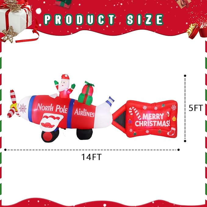 14FT Long Christmas Inflatables Decorations, Outdoor Santa Airplane Decoration, Giant Blow Up with with Built-in LED Lights for Yard Garden Lawn Holiday Decor