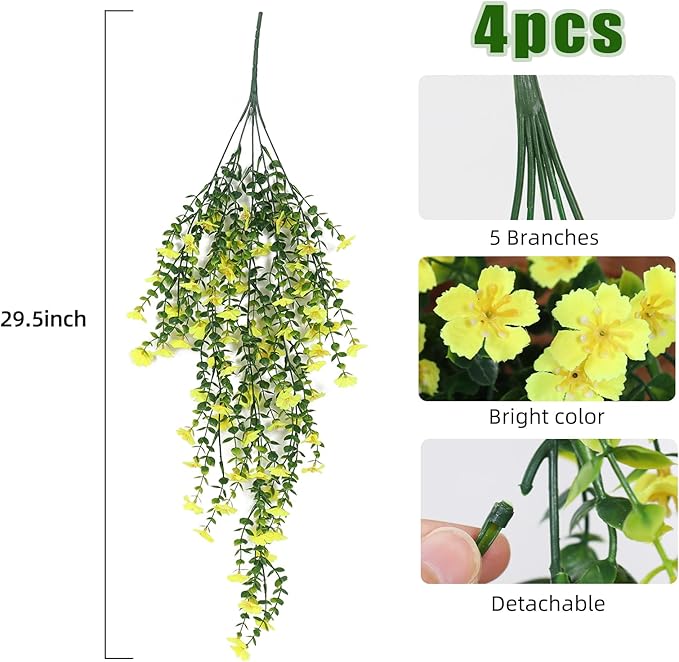 RECUTMS Artificial Hanging Flowers for Outdoors 4 Pcs Fake Mums Plant Decor Realistic Real Touch Silk Flower UV Resistant Trailing Vine Look Real for Yard Porch Patio Garden Balcony (Yellow)