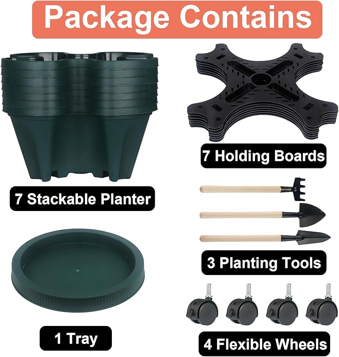 GameXcel Vertical Planter 7 Tier Stackable Planters Garden Planters Strawberry Herb Flower and Vegetable Planter Indoor Outdoor Gardening Pots with Removable Wheels and Tools