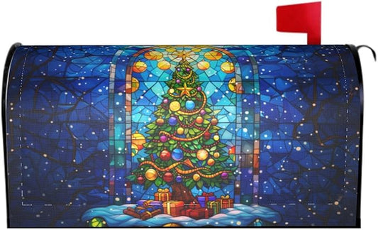 Giwawa Christmas Tree Mailbox Covers Stained Glass Blue Winter Mail Box Cover Magnetic Standard Size 18 x 21 Holiday Mailbox Xmas Decorations Happy New Year Mailbox Wrap