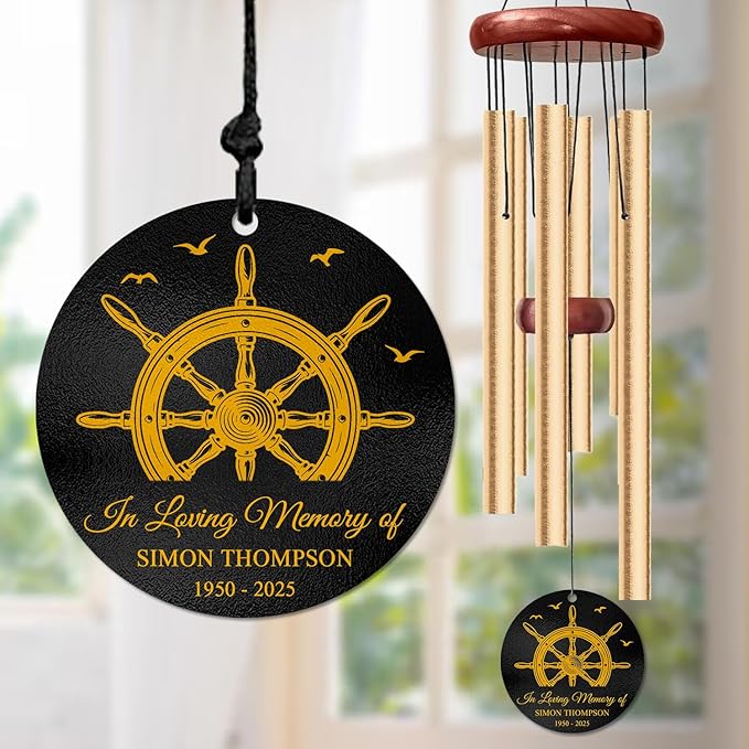 Personalized Nautical Memorial Wind Chime – “in Loving Memory” Custom Engraved Name & Years – Ship Wheel Design for Seafarers & Ocean Lovers – Outdoor Memorial Windchime Tribute for Loss of Loved One