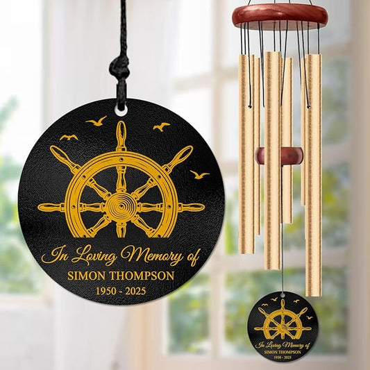 Personalized Nautical Memorial Wind Chime – “in Loving Memory” Custom Engraved Name & Years – Ship Wheel Design for Seafarers & Ocean Lovers – Outdoor Memorial Windchime Tribute for Loss of Loved One