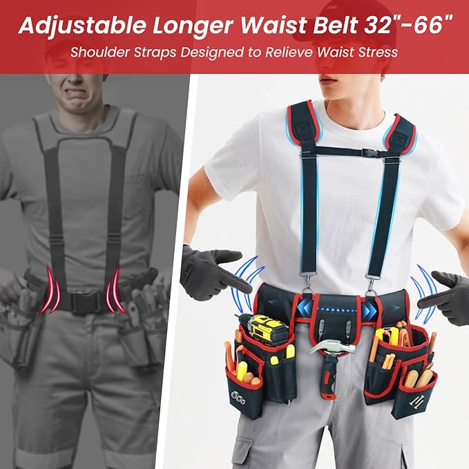 Tool Belt With Suspenders, Heavy Duty Magnetic Tool Belts for Men with 18 Pockets, Tool Belt with Adjustable 32 to 66 Inches Detachable Waist for Electricians, Carpenters, Framers, Black-Red