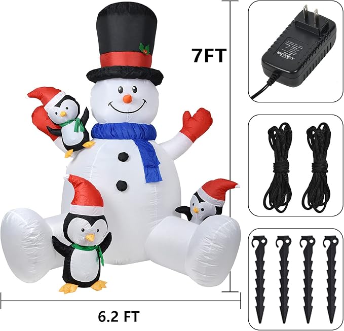 7Ft Lighted Christmas Inflatable Snowman with Three Cute Penguins Build-in LED Lights, Holiday Blow up Outdoor Yard Decoration