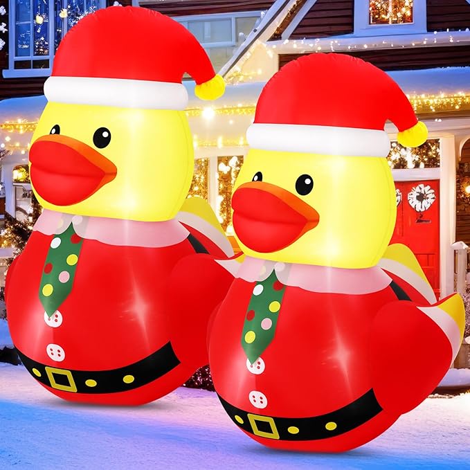 Leyndo 2 Set 5FT Christmas Inflatables Duck Decoration Outdoor Giant Blow Up Duck with Build-in LEDs Lights Wear Xmas Hat Santa Claus Costume for Mall Garden Patio Lawn Indoor, Funny Christmas Decor