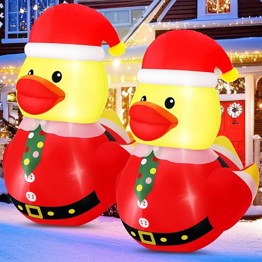 Leyndo 2 Set 5FT Christmas Inflatables Duck Decoration Outdoor Giant Blow Up Duck with Build-in LEDs Lights Wear Xmas Hat Santa Claus Costume for Mall Garden Patio Lawn Indoor, Funny Christmas Decor