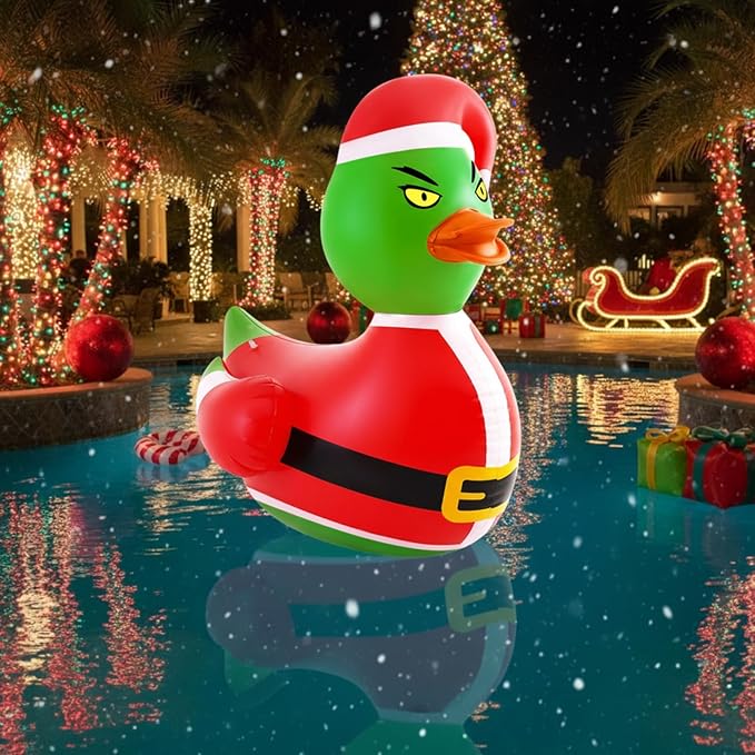 Hungdao 1 Pcs 4 Feet PVC Christmas Giant Inflatable Green Hair Monster Duck Huge Rubber Large Blow up Duck Christmas Pool Floats for Xmas Holiday Indoor Outdoor Pool Decorations