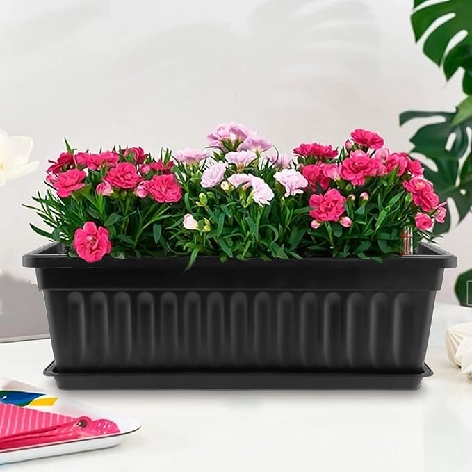 SINJEUN 6 Pack 17 Inch Rectangle Flower Window Box, Plastic Rectangular Vegetable Planters with Trays and Plant Labels, Rectangular Windowsill Planter for Porch, Balcony, Home Decor, Black