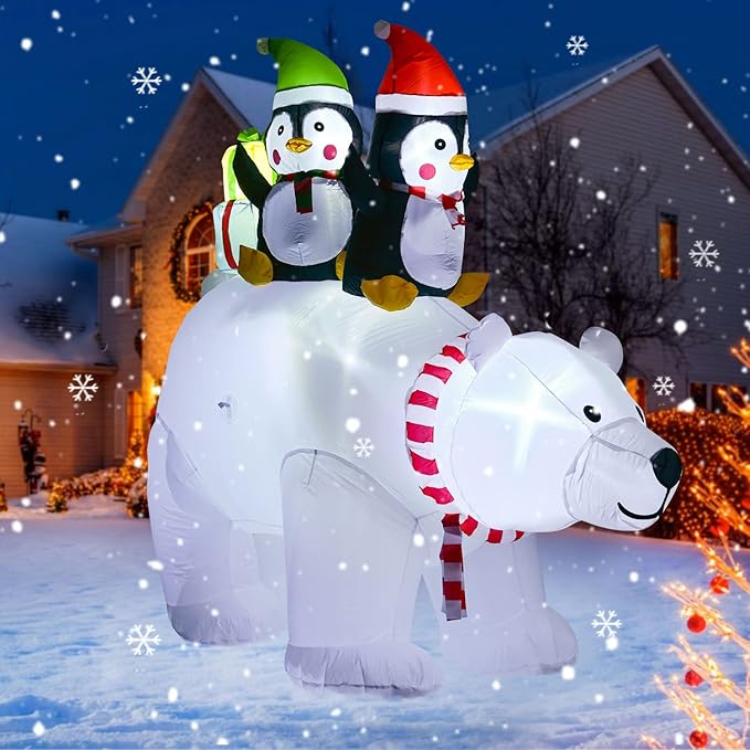 Lvydec Lighted Inflatable Polar Bear Christmas Outdoor Decoration Clearance - 7ft Blow Up Polar Bear with Santa Penguin and Built-in LED Lights for Christmas Holiday Yard Decoration