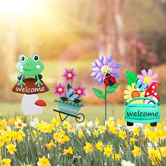WONDER GARDEN Welcome Decorative Garden Stakes, 4Pcs Flower Metal Yard Signs Lawn Stake with Frog, Mushroom, Gnome, Butterfly and Ladybug for Outdoor Decorations
