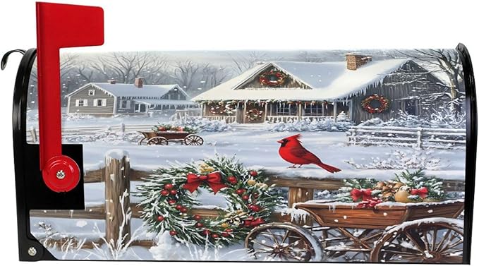 SUABO Mailbox Cover Winter Scene Cardinal Oversize Magnetic Mailbox Covers Wraps for Christmas Home Yard Garden Decor