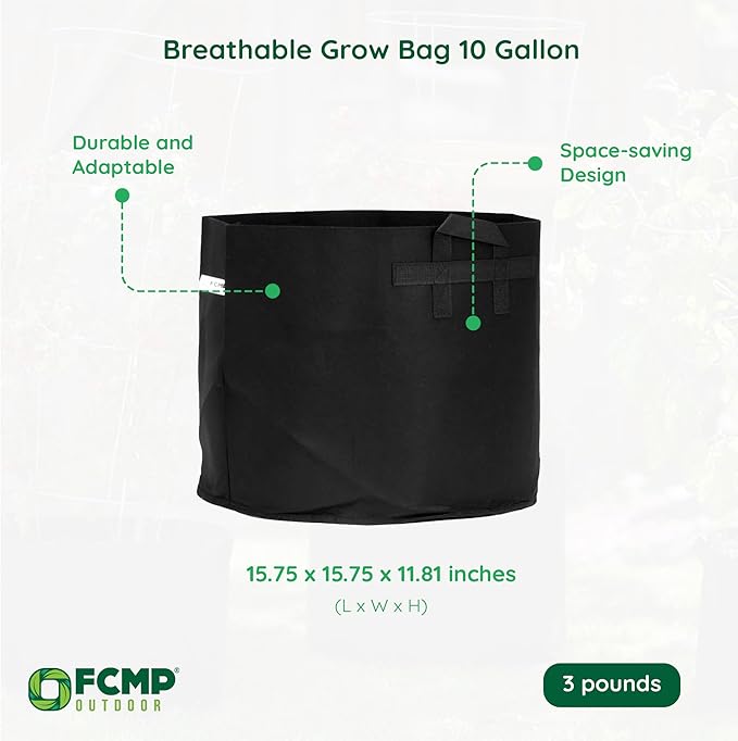 FCMP Outdoor 10-Gallon Modern Lightweight Non-Woven Insulating Fabric Breathable Grow Bags for Indoor or Outdoor Gardening, Black (5 Pack)