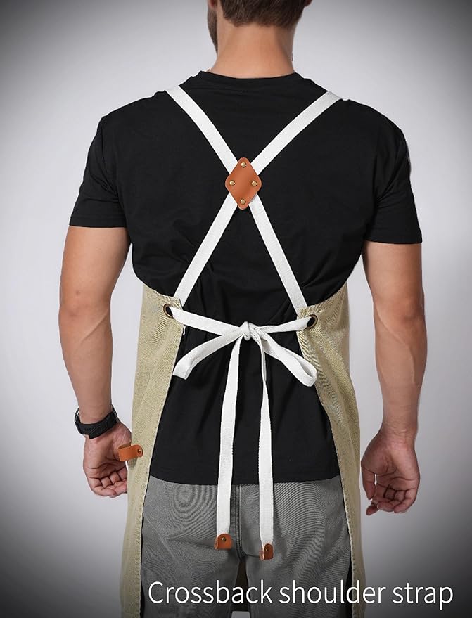 Denim Bbq Apron for Men Women with Pockets Adjustable Cross Back Chef Aprons for Kitchen Cooking Grilling Working