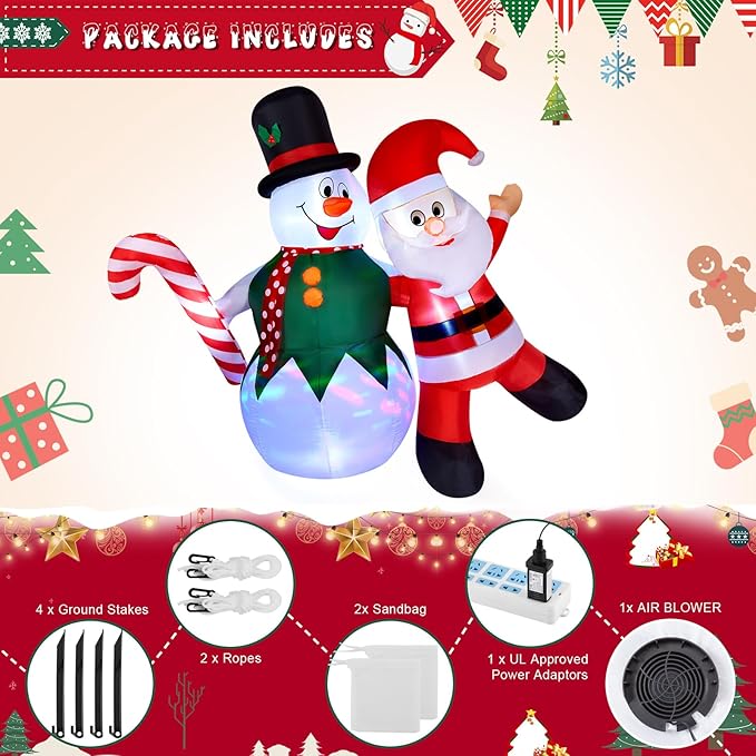 CAMULAND Christmas Inflatable, 6FT Inflatable Snowman and Santa Claus with Built-in LED Lights, Outdoor Christmas Decorations Blow-up Decor for Yard, Garden and Party