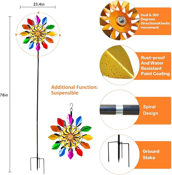 DIBIEECN 78 Inch Big Kinetic Wind Spinners with Garden Stake, Rainbow Metal Windmill Decorations, Outdoor Wind Sculpture, Dual Direction Colorful Wind Catcher for Yard Art, Lawn, Garden Decor, Gifts