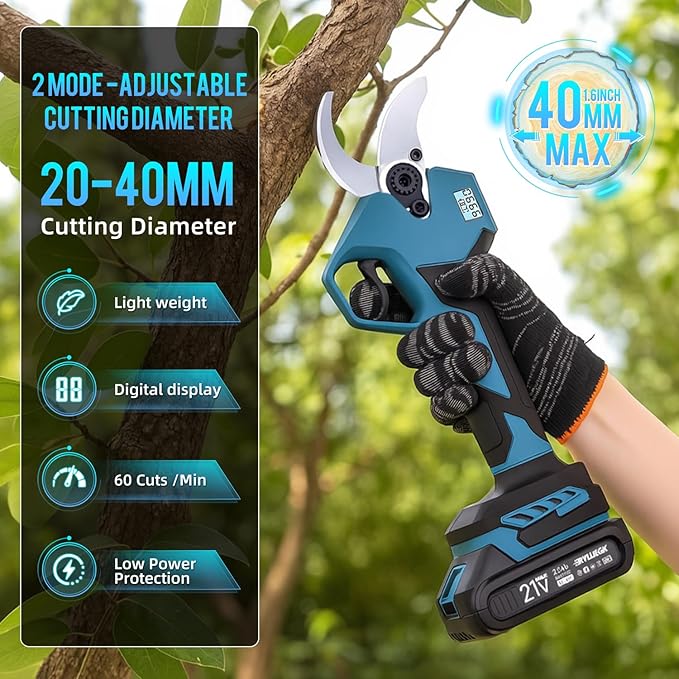21V Brushless Electric Pruning Shears Cordless, 1.6-Inch Power Pruner with 2x2.0Ah Battery & 3 Pairs SK5 Blades, 2.4" Max Opening LCD Display Garden Shears for Tree Trimming,Fruit Harvesting
