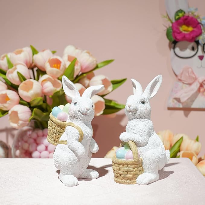 Easter-Basket Bunny-Decor-Figurines Home-Decorations - 2PC Easter Decorations Table Ornaments Resin Spring Bunny Carry Egg Basket Tabletop Decorations for Home Farmhouse 5.25H inch Newman House Studio