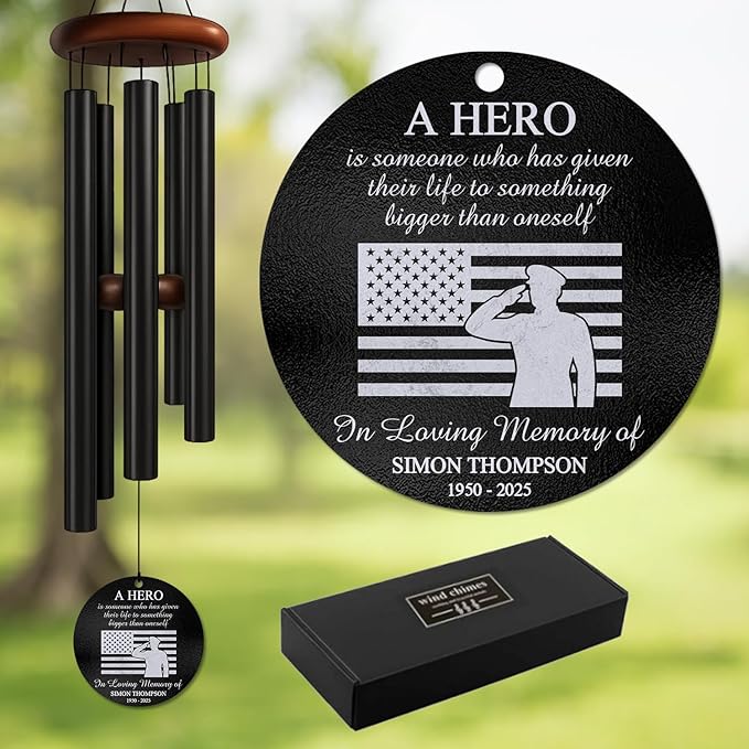 Personalized Military Memorial Wind Chime – “A Hero” Soldier & U.S. Flag Windchime – Custom Engraved Name & Years – Veteran Sympathy Gift – Memorial Windchime for Fallen Hero, Military Tribute Decor