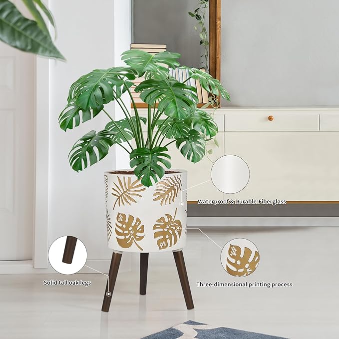 12 Inch Planter for Indoor Plant, Plant Pot with Stand Plants with Stand, Large Planters for Indoor Plants,Flower Pot with Drainage Holes for Outdoor,White and Gold