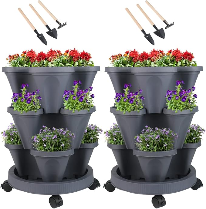 GameXcel Vertical Planter 3 Tier Stackable Planters Garden Planters Strawberry Herb Flower and Vegetable Planter Indoor Outdoor Gardening Pots with Removable Wheels and Tools