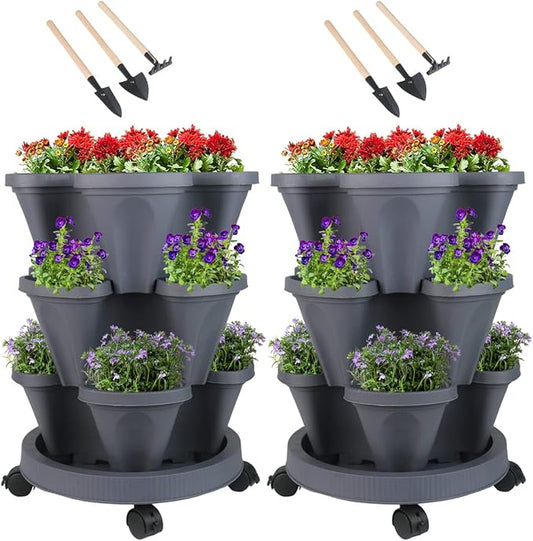 GameXcel Vertical Planter 3 Tier Stackable Planters Garden Planters Strawberry Herb Flower and Vegetable Planter Indoor Outdoor Gardening Pots with Removable Wheels and Tools