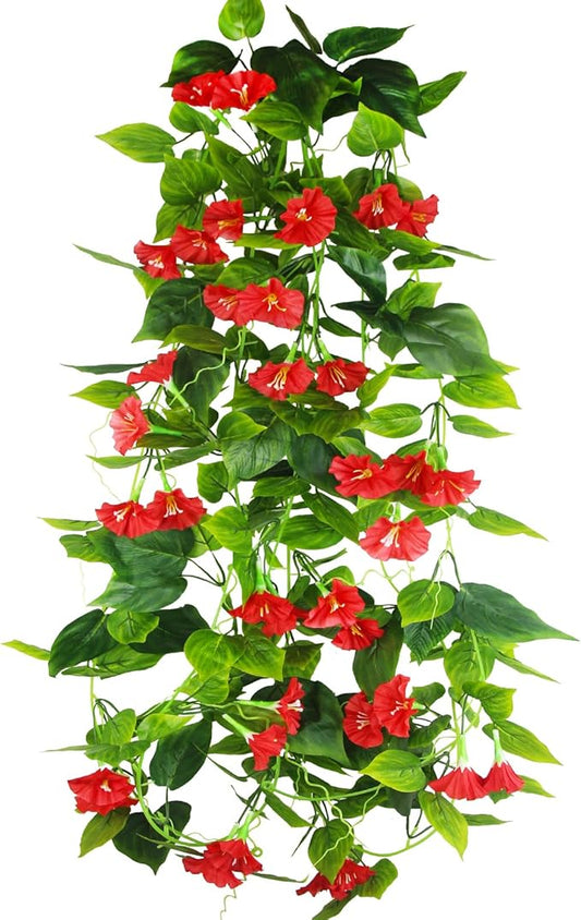 CISDUEO 2 Pcs Artificial Vines Silk Morning Glory Vines for Outdoor 15Feet Hanging Plants Garland Red Fake Green Plant Morning Glories for Home Decor Wall Fence Stairway Wedding Hanging Baskets