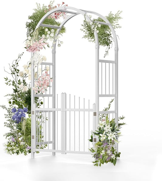 VINGLI Garden Arbor with Gate, PVC Frame Trellis Garden Arch for Plant Climbing, Vinyl Pergola Wedding Arch Backdrop Standing for Backyard, Lawn, Event (White)