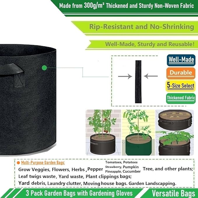 3-Pack 75 Gallon Thickened Plant Grow Bags Large (34x20 in) Heavy Duty Garden Bag Fabric Plant Pots for Tomato,Potato Planter,Herbs Veggies Planting,Flower Pots,Barrel Planter,Yard Waste Bag,Leaf Bags