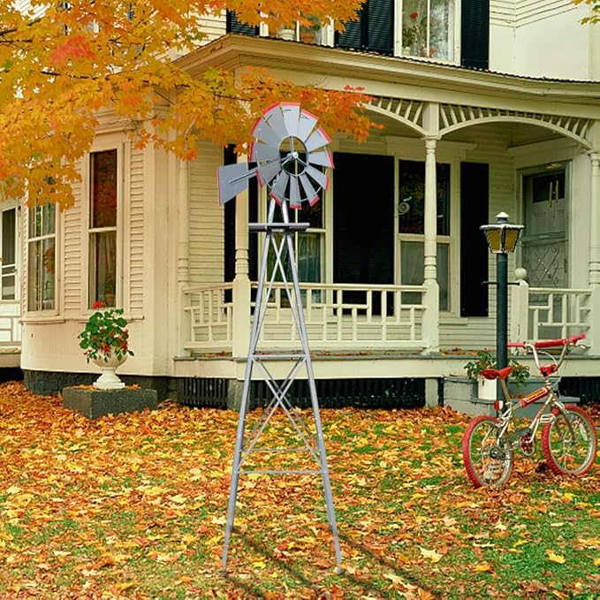 VINGLI 8FT Ornamental Windmill Backyard Garden Decoration Weather Vane, Heavy Duty Metal Wind Mill w/ 4 Legs Design (Grey, 8, Feet, 21.6, Inches, 8.00, Feet, 25.98, Inches, 25.98, Inches)