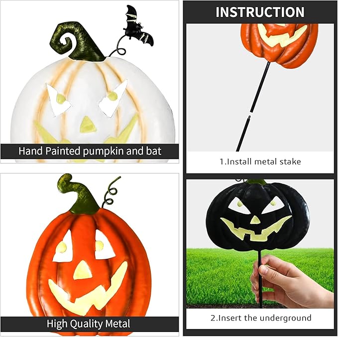 Halloween/Thanksgiving Metal Stakes Pumpkin, Jack o Lantern Spooky Faces Smile with Luminous Effect, Garden Yard Signs, Halloween Pumpkins Outdoor, Pumpkin Decorations Outdoor,Set of 4