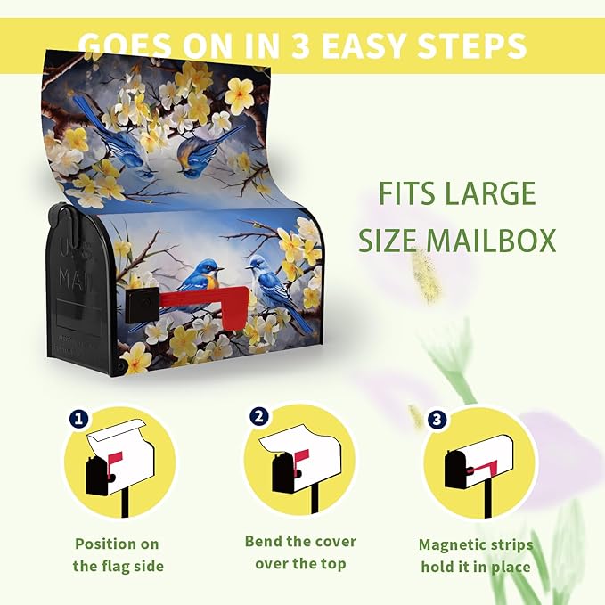 Spring Mailbox Covers Magnetic Large Size Bluebirds Mailbox Post Cover Summer Floral Bird Mail Box Wraps Bluebird Mailboxs Decor Waterproof for Garden Yard Oversized 25.5 X 21 Inch